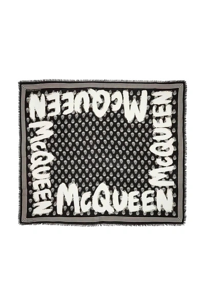 Alexander Mcqueen Graffiti Biker Scarf In Black,white