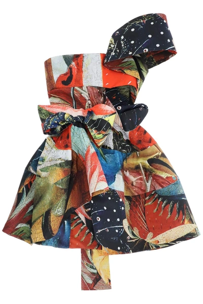 Alexander Mcqueen Patchwork-print Draped Cutout One-shoulder Mini Dress In Multicolor