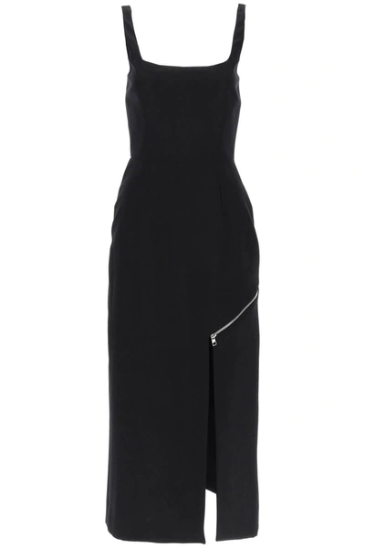 Alexander Mcqueen Wool Midi Dress With Cutaway Zipper Slit In Black