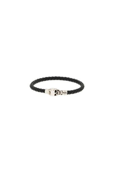 Alexander Mcqueen Skull Braided Leather Bracelet In Black