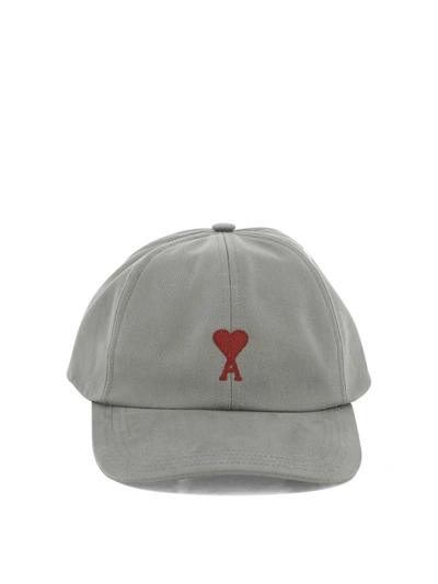 Ami Alexandre Mattiussi Ami De Caur Red Embroidery Cap In Gray