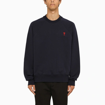Ami Alexandre Mattiussi Ami Navy Blue Cotton Jersey Sweater With Signature Embroidered Motif In Black