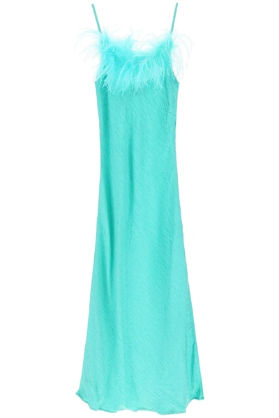 Art Dealer Ella Maxi Slip Dress In Jacquard Satin With Feathers In Green