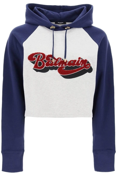 Balmain 70s Chenille Logo Raglan Crop Hoodie In Multicolor