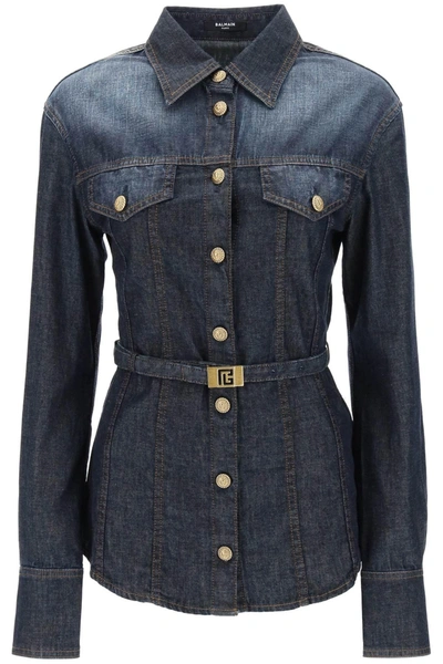 Balmain Belted Denim Shirt In Bleu Jean Brut (blue)