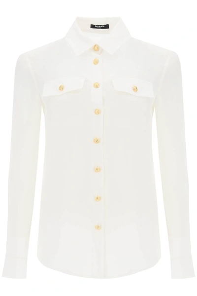 Balmain Crepe De Chine Shirt With Padded Shoulders In White