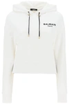 Balmain Logo Printed Drawstring Hoodie In White