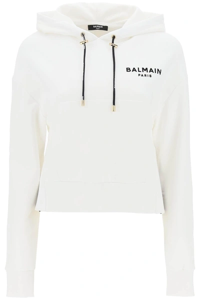Balmain Logo Printed Drawstring Hoodie In White