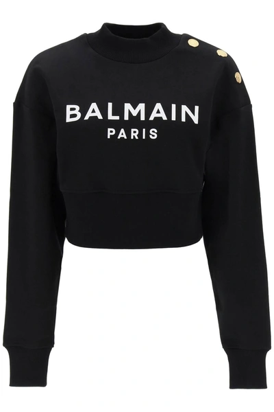 Balmain Logo Printed Cropped Sweatshirt In Nero