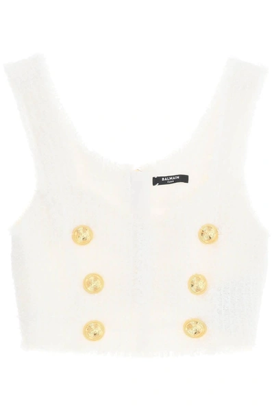 Balmain Cropped Tank Top In Monochrome Tweed In Bianco