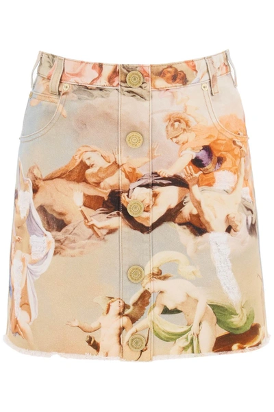 Balmain Denim Mini Skirt With Sky Print In Multicolor