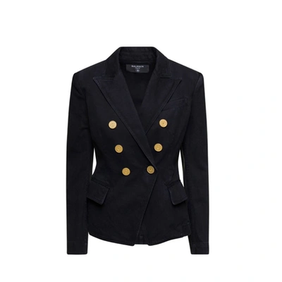 Balmain Double-breasted Denim Blazer In Black