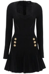 Balmain Long-sleeve Double-breasted Pleated Knit Mini Dress In Noir