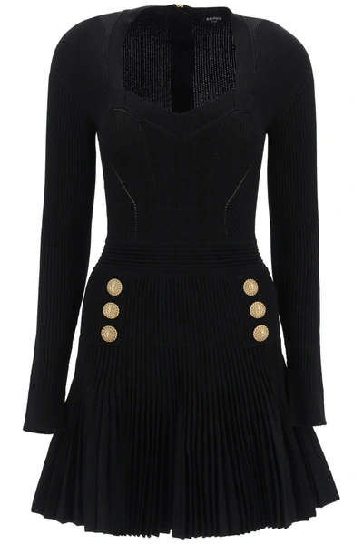 Balmain Long-sleeve Double-breasted Pleated Knit Mini Dress In Black