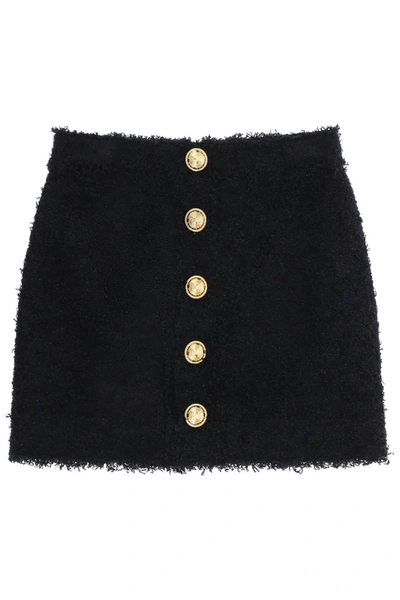 Balmain Button-embellished Pleated Knitted Mini Skirt In Black