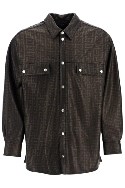 Balmain Monogram Leather Overshirt In Black