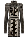 Balmain Two-tone Mini Dress With All-over 'monogram' Detail In Wool Blend Woman In Multicolor