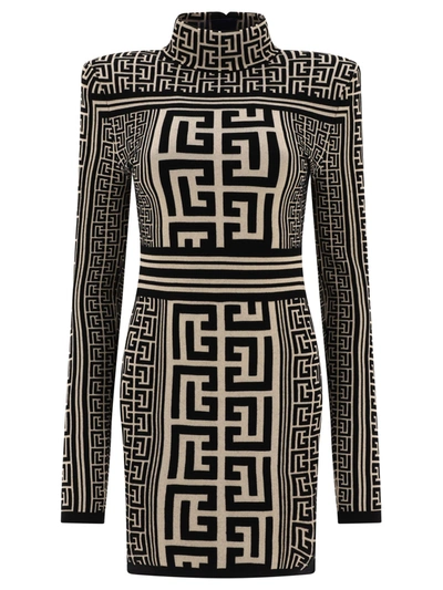 Balmain Two-tone Mini Dress With All-over 'monogram' Detail In Wool Blend Woman In Multicolor