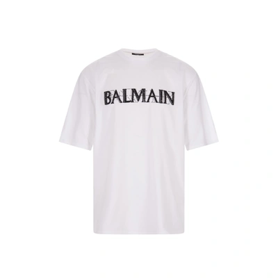 Balmain Crystal-logo Cotton T-shirt In Blanc/noir