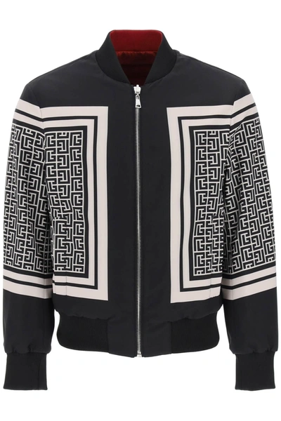 Balmain Monogram-print Reversible Bomber Jacket In Black,white,red,beige