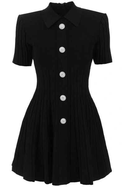 Balmain Button-embellished Ribbed-knit Mini Dress In Black