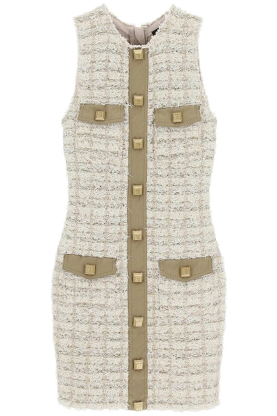 Balmain Mini Dress With Textured Tweed Fabric In Multi