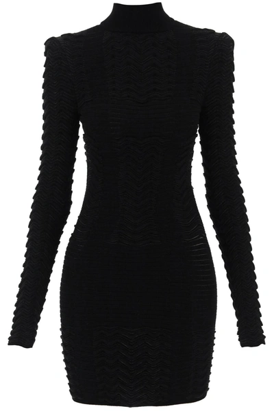 Balmain Turtleneck Mini Dress In Texturized Knit In Black