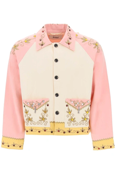 Bode Embroidered Cotton Shirt Jacket In White,pink