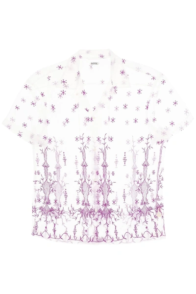 Bode Lavandula Bowling Shirt In Embroidered Tulle In White,purple