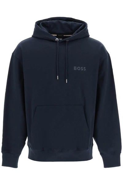 Hugo Boss Logo-print Cotton Hoodie In Blue