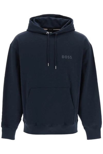 Hugo Boss Logo印花棉连帽衫 In Blue