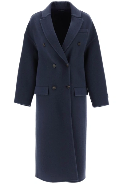 Brunello Cucinelli Blue Double-breasted Coat With Monle Detail On Cuff In Wool And Cashmere Woman
