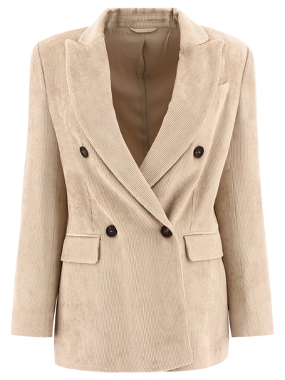 Brunello Cucinelli Hammered Corduroy Blazer With Monili In Beige