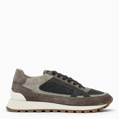 Brunello Cucinelli Runners In Suede And Virgin Wool Flannel With Precious Contour In Dark Grey