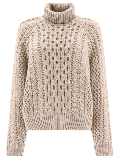 Brunello Cucinelli Openwork Turtleneck Sweater In Beige