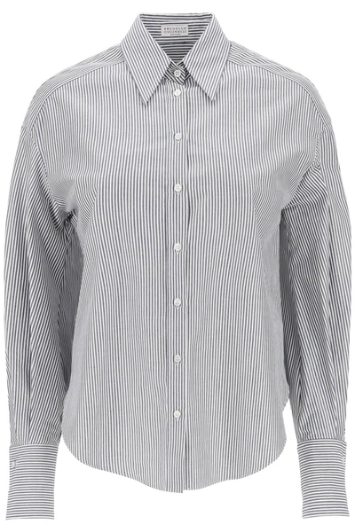 Brunello Cucinelli Striped Oxford Shirt With Lurex In Blu