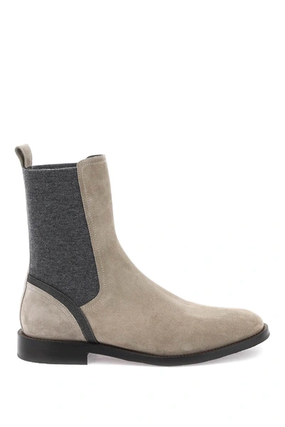 Brunello Cucinelli Suede Wool Chelsea Boots In Beige,grey