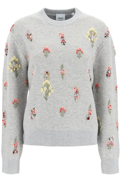 Burberry Lorena Crystal Floral Embroidered Sweater In Parchment Grey