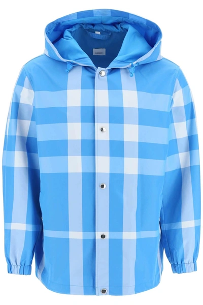Burberry Checked Hooded Drawstring Jacket In Blue