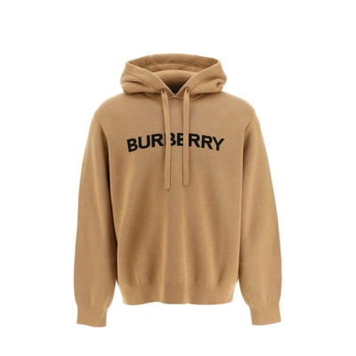 Burberry Logo Printed Knitted Hoodie In Camel