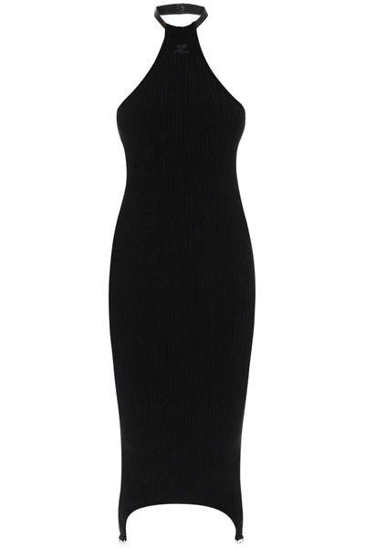 Courrèges Rib-knit Midi Dress With Suspender Detail In Nero