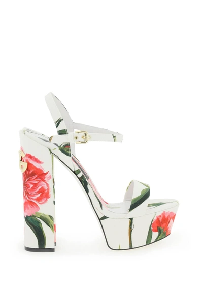 Dolce & Gabbana Raffia Floral Platform Sandals In White,red