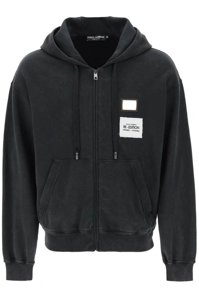 Dolce & Gabbana Washed Jersey Hoodie With Logo Zip In Grey