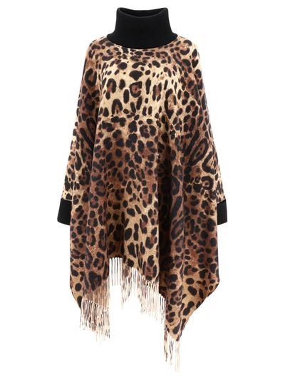 Dolce & Gabbana Cashmere And Wool Poncho With Fringing In Animal Print In Pink
