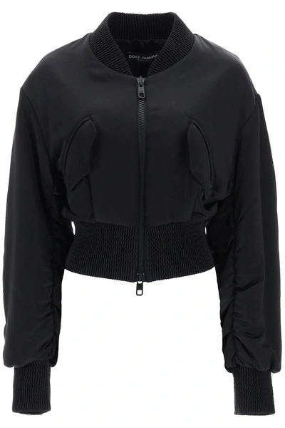 Dolce & Gabbana Short Duchesse Bomber Jacket With Draped Sleeves In Black