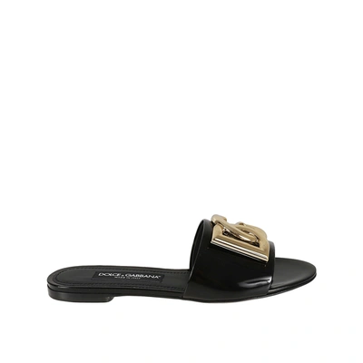 Dolce & Gabbana Dg Logo Leather Slides In Black