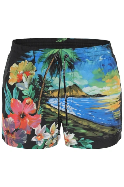 Dolce & Gabbana Multicolour Hawaiian Print Swim Shorts In Multicolor