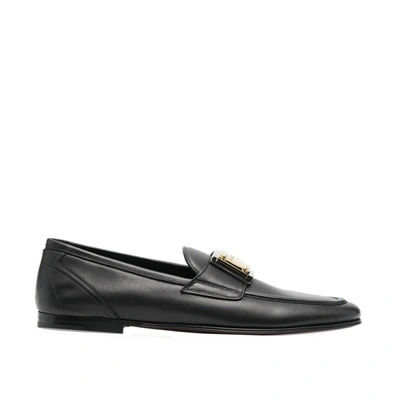 Dolce & Gabbana Leather Logo Loafers In Black
