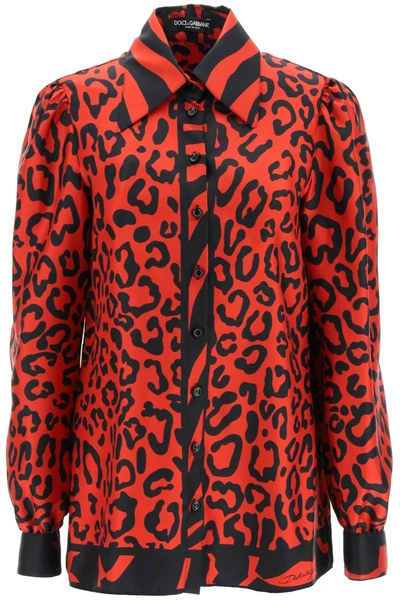 Dolce & Gabbana Leopard And Zebra Print Silk Shirt In Rosso