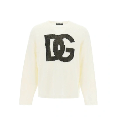 Dolce & Gabbana Crewneck Pullover With Jacquard Logo In White